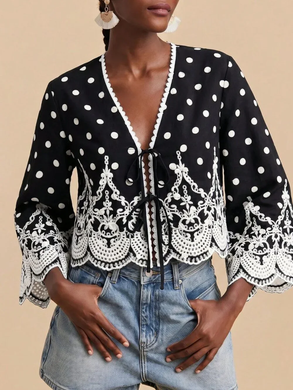 Black Boho Women's Polka Dot Print Embroidered Detail Long Sleeve Shirt
